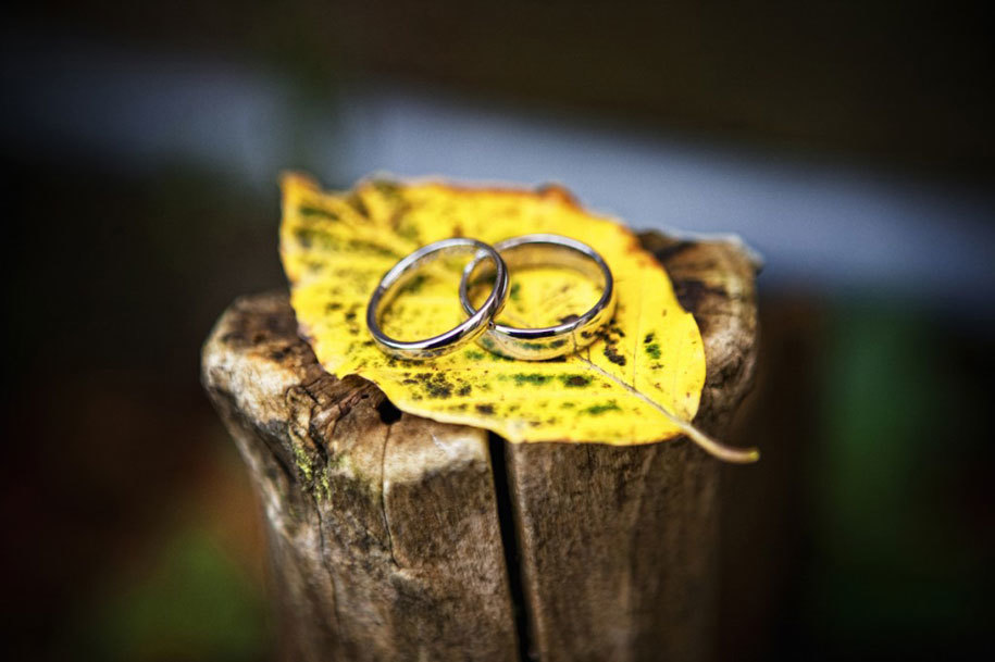свадебные кольца на осеннем листе